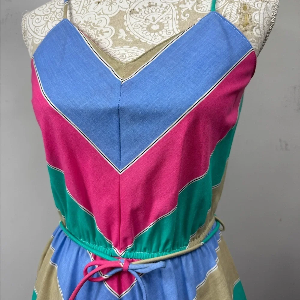Vintage 70s 9 S Sundress Strappy Mod Rainbow Chevron Striped Disco Fit Flare - Picture 3 of 5